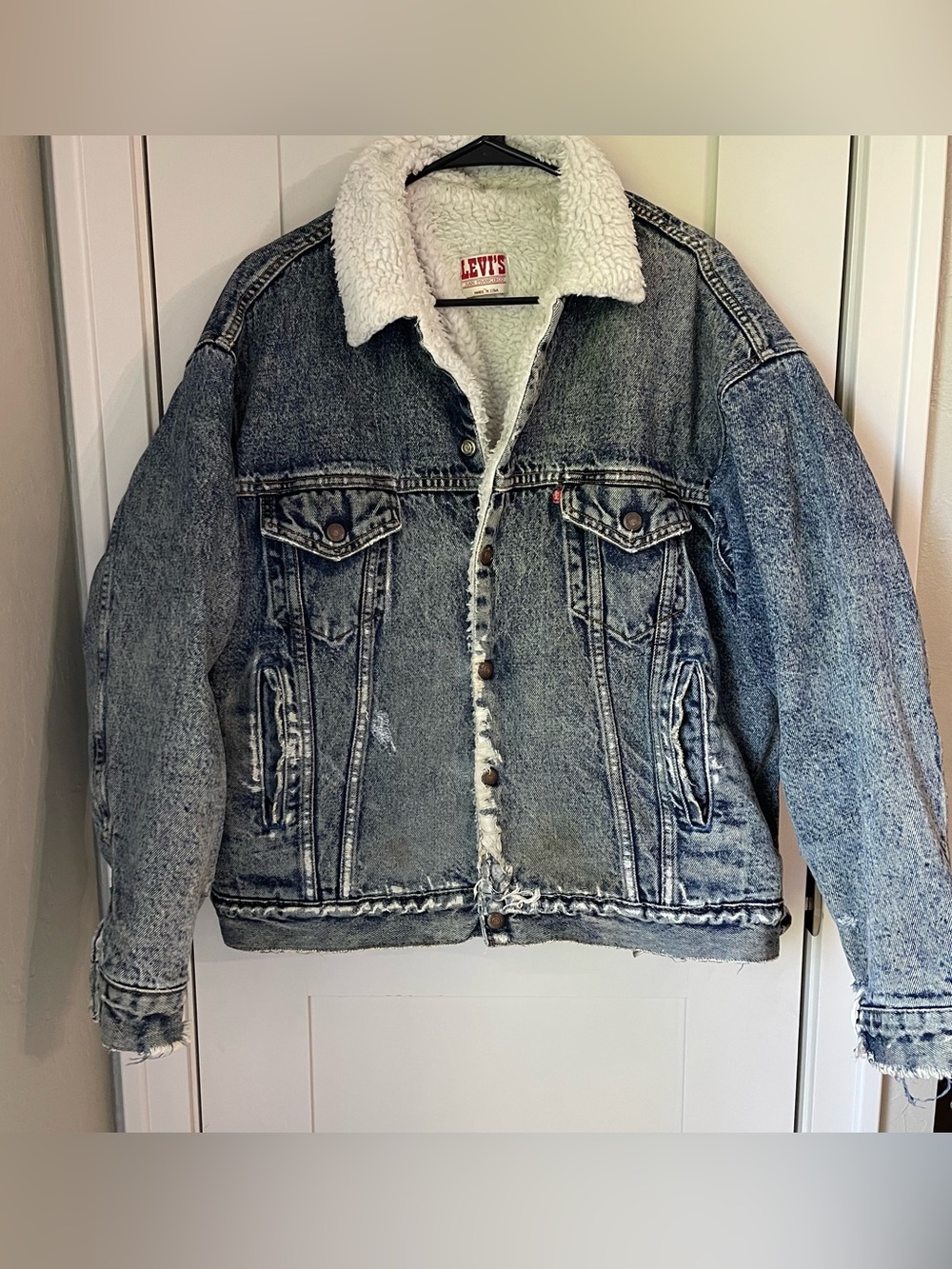 Levi’s VTG 80’s Acid Wash Men’s Sherpa Trucker Jacket Distress Denim Jean LG USA
